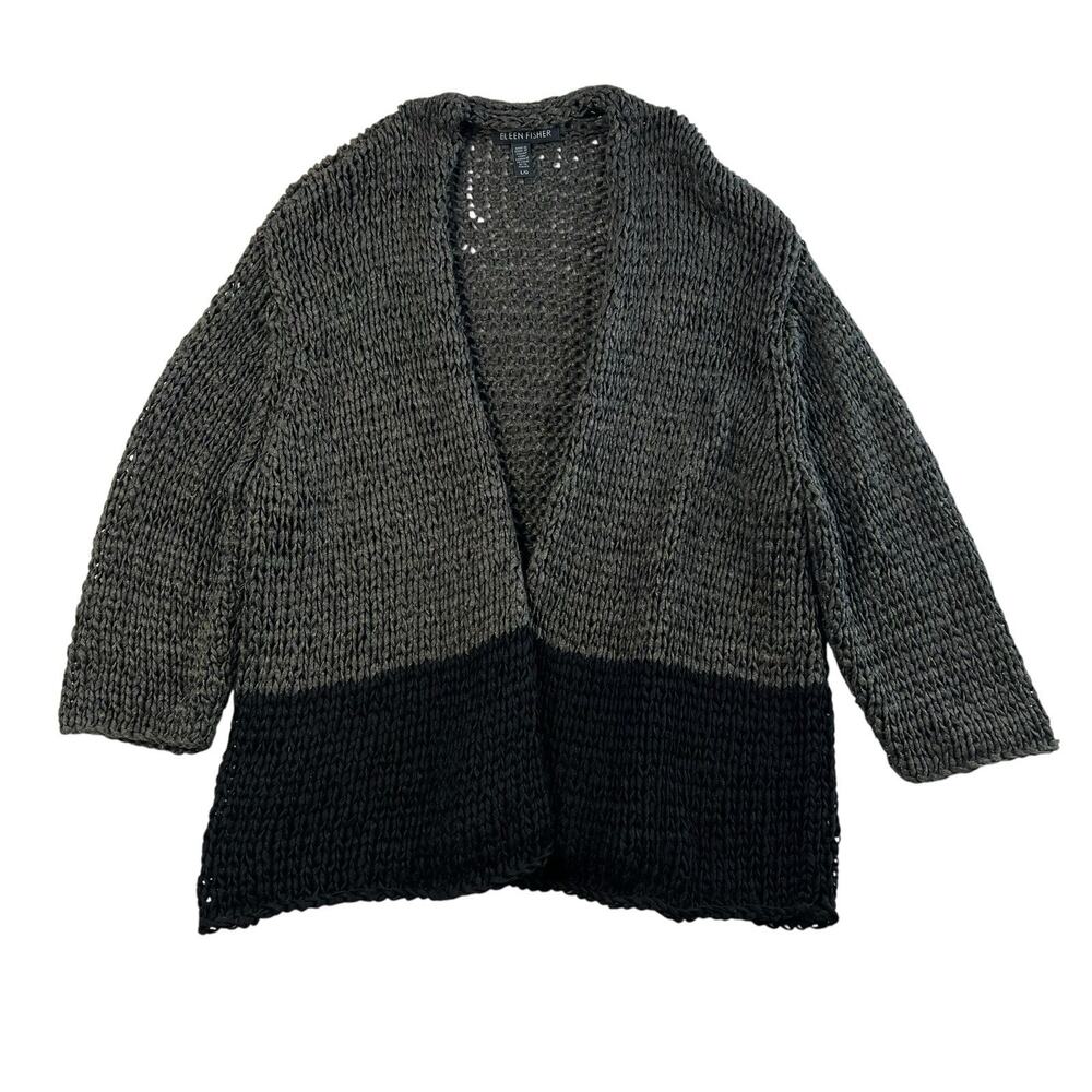 EILEEN FISHER L Large Cardigan Sweater Open Front Chunky Knit 3/4 Sleeve Shimmer